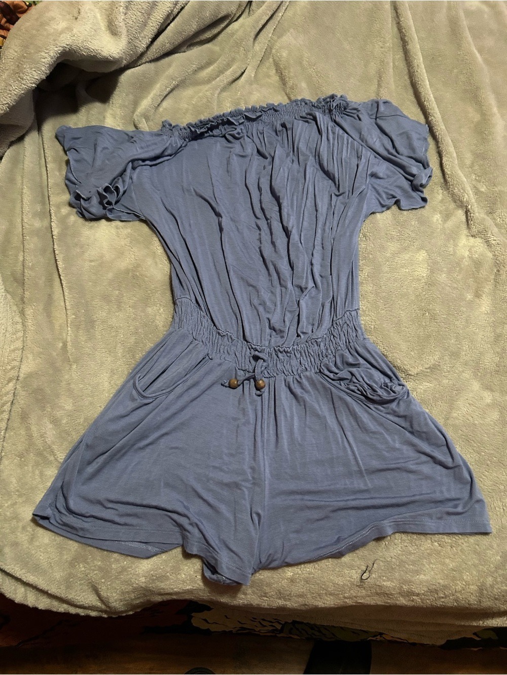 Women's Off-Shoulder Short Romper in Dusty Blue